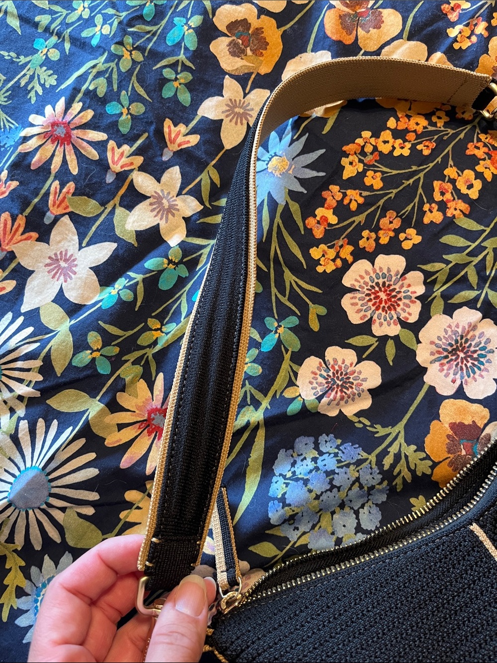 Rothy's Black Crescent Shoulder Bag with Tan Strap - Picture 4 of 7